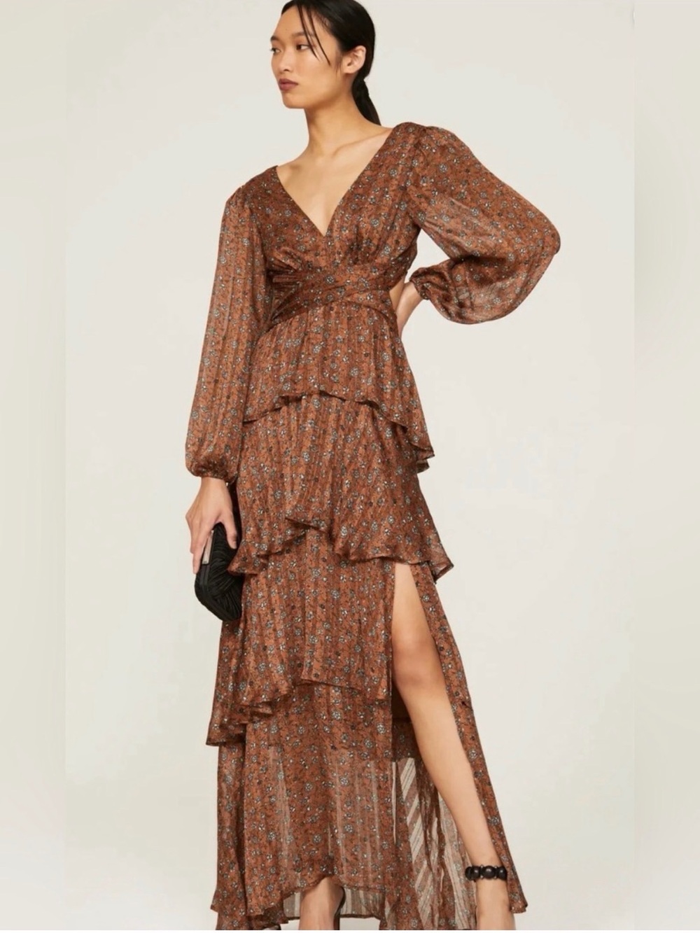 Astr the Label Anora Metallic Brown Floral Tiered Maxi Dress